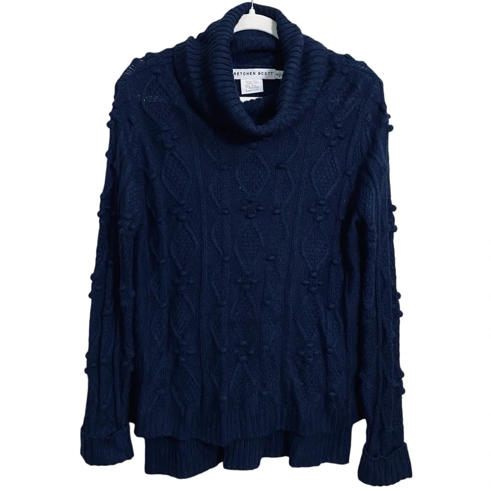 Gretchen Scott Dark Navy Knot Enough Textured‎ Side Slit Chunky Sweater Sz Small